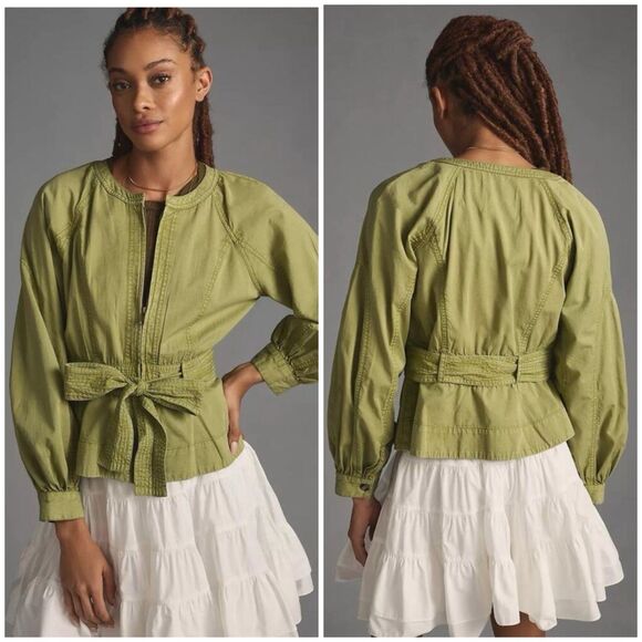 Anthropologie Green Belted Utility Jacket Size Large Tie Waist Cotton Zip Front - Picture 1 of 11